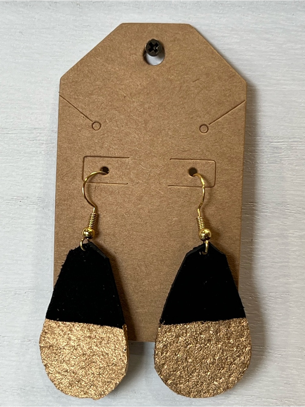 Black and Gold Teardrop Dangle Suede Earrings - Women Jewelry